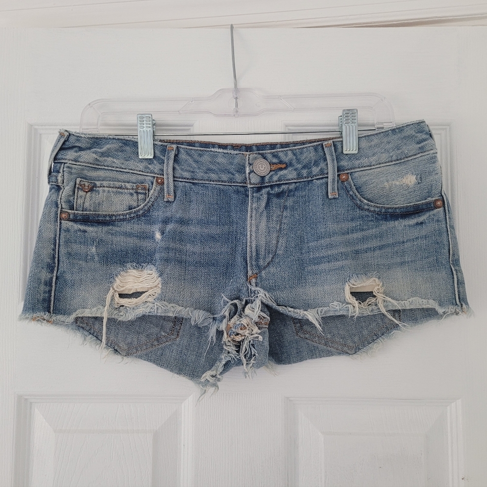 True Religion Light Blue Distressed Jean Shorts